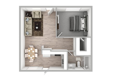 A top-down view of a modern living room with a couch, coffee table, and television.